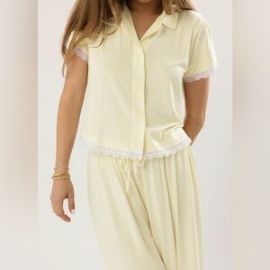Dreamies Pajamas: Celeste Lace Blouse and Aurora Wide Leg Lace Pants in Butter